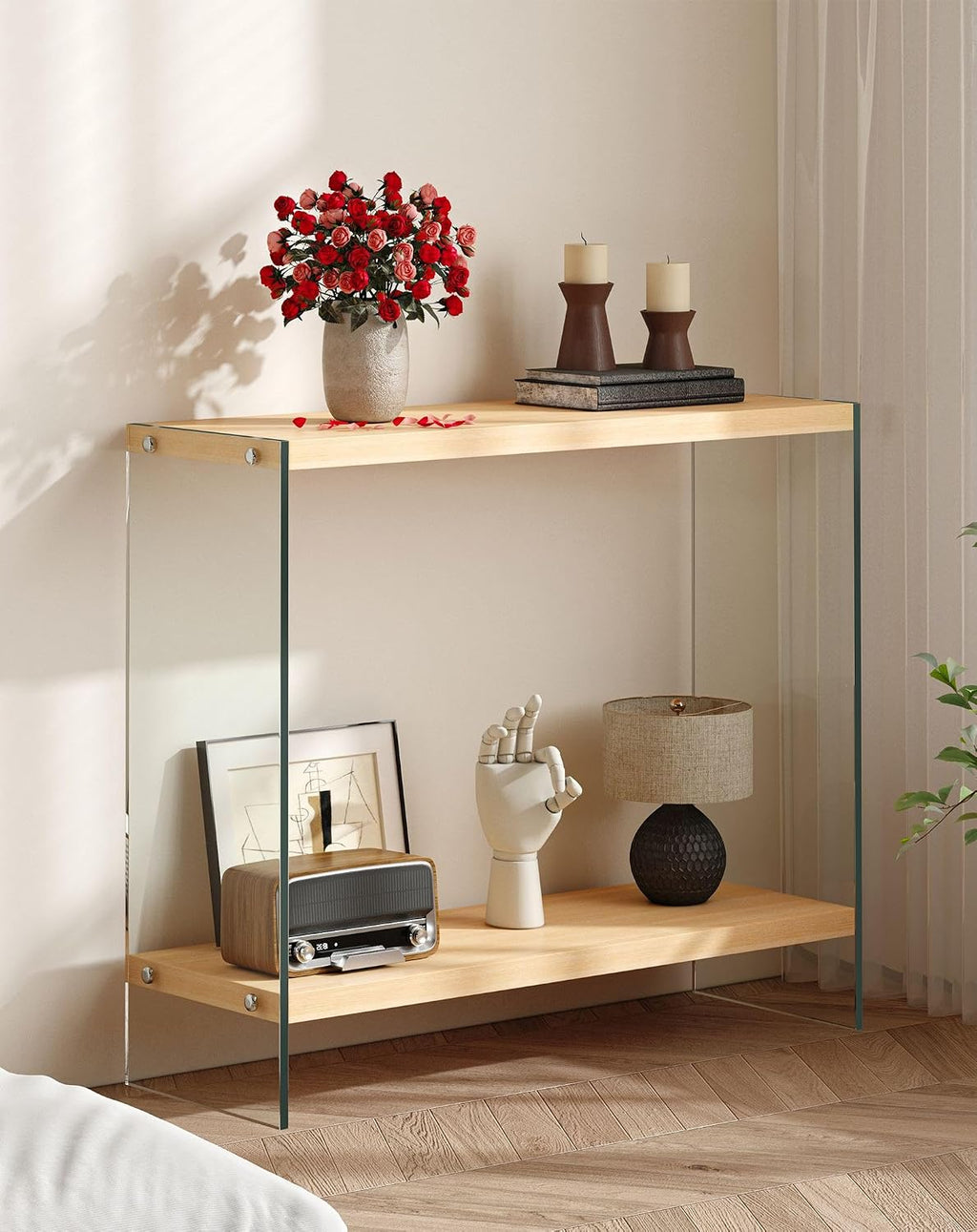 Console Table 2-Tier Rectangle Entry Desk Wood Shelf Glass Leg 32-inch