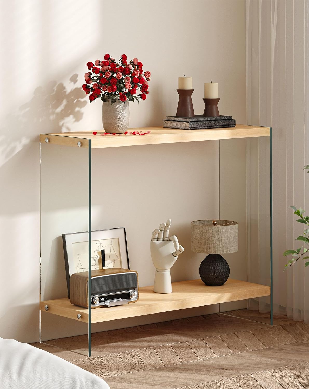 Console Table 2-Tier Rectangle Entry Desk Wood Shelf Glass Leg 32-inch