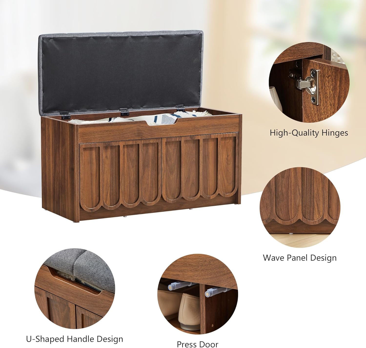 ORRD Shoe Storage Bench with Cushion, Entryway Shoe Cabinet Bench with 2 Scalloped Doors & Adjustable Shelf, 2-Tier Shoe Rack Organizer Cabine for Entryway, Hallway, Living Room (Walnut)