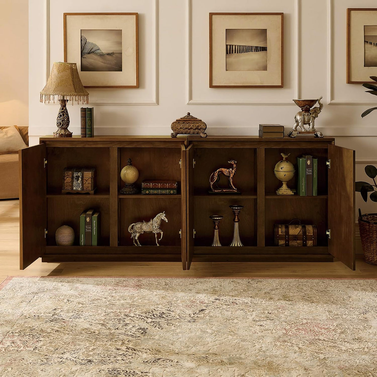 LKTART Mid Century Modern Sideboard Buffet Storage Cabinet with Doors and Shelves,Wood Coffee Bar Storage Cabinets for Kitchen, Dining Room, Living Room-Brown Walnut