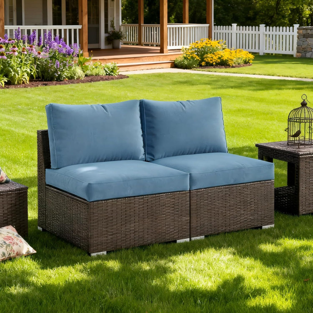 Wisteria Lane Outdoor Sofa, 2 Pieces Wicker Patio Furniture Set with Washable Cushions, Armless Patio Sectional for All-Weather, Oversized Outside Furniture for Garden, Poolside, Backyard, Light Blue
