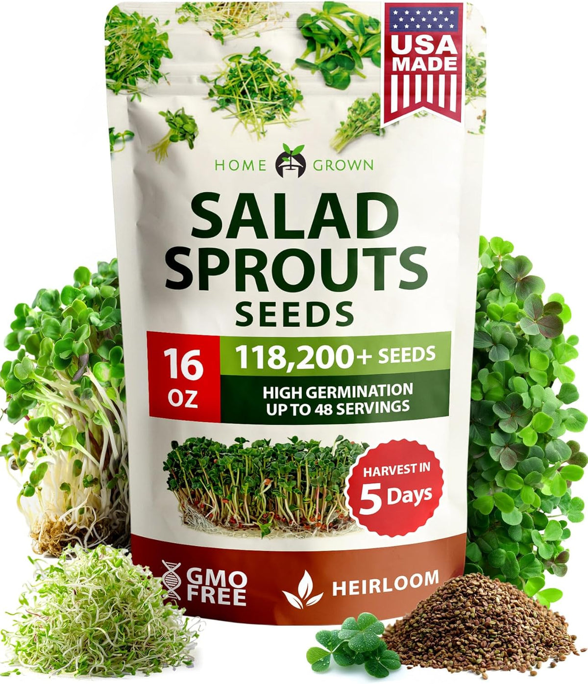 HOME GROWN Premium Sprouting Seeds Mix - Microgreens Seeds for Indoor Growing - Non-GMO Broccoli, Alfalfa, Radish, Clover Sprouts Seed - 16oz Resealable Pack for Healthy Salad & Juicing