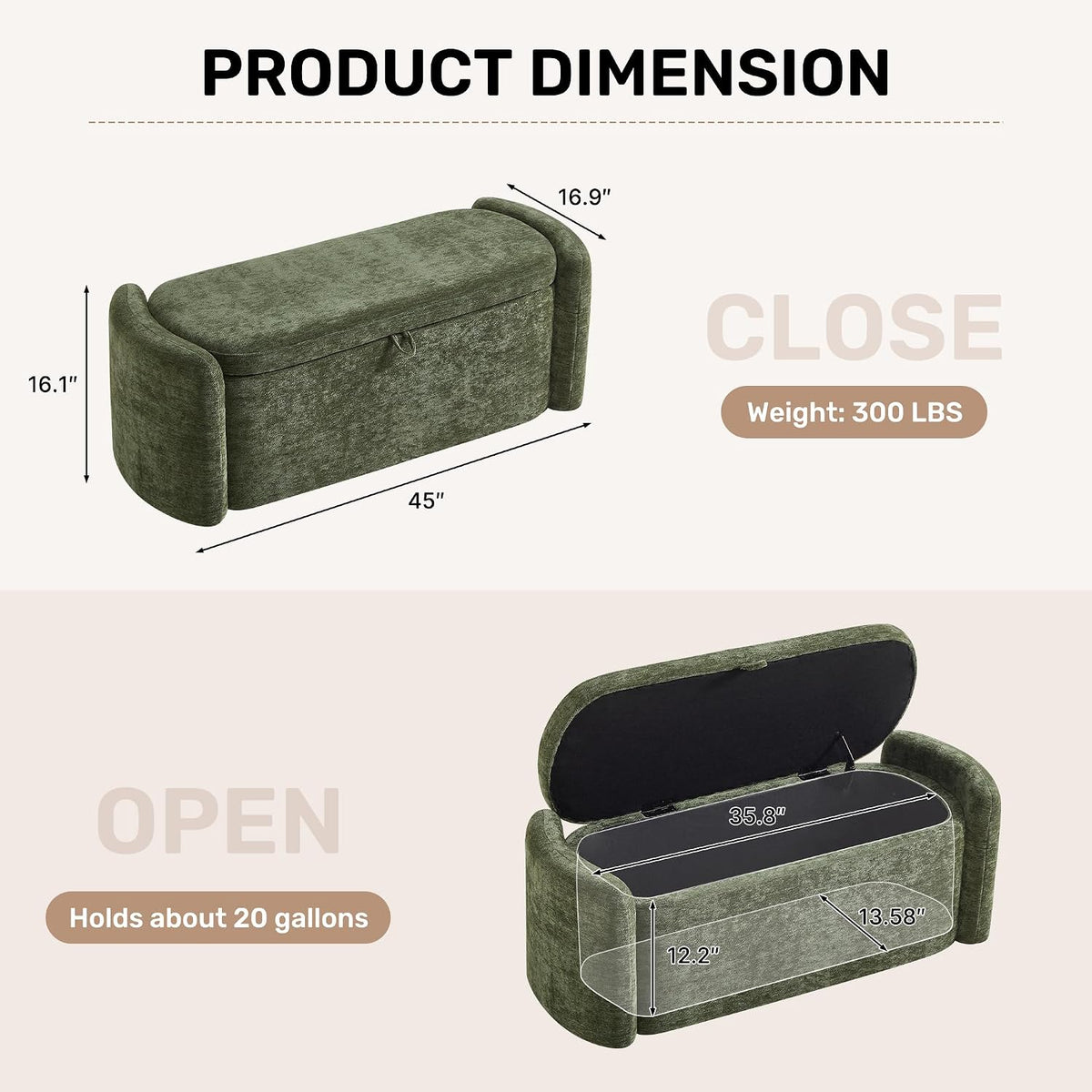 Oval Ottoman Bench with 20 Gal of Storage Space Upholstered Chenille Seat End of Bed Storage Bench Storage Ottoman with Storage for Bedroom, Living Room, Entryway, Window(Green)