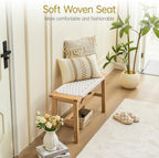 Solid Wood Narrow Bench, 33.46" Woven Bench for Entryway and Hallway, End of Bed Bench with Oak Frame, Boho Accent Bench - 500lbs Capacity (Natural Beige)