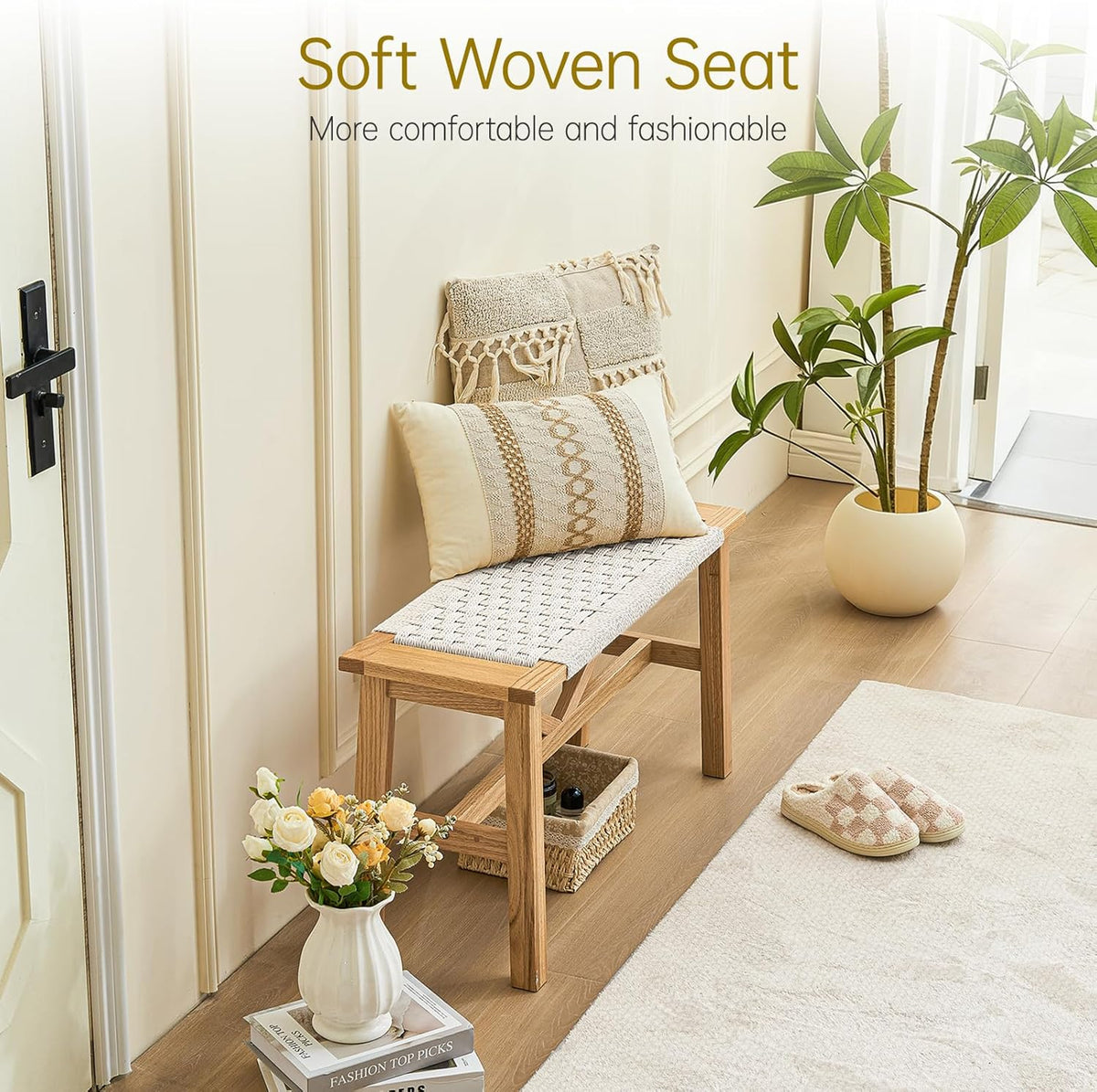 Solid Wood Narrow Bench, 33.46" Woven Bench for Entryway and Hallway, End of Bed Bench with Oak Frame, Boho Accent Bench - 500lbs Capacity (Natural Beige)