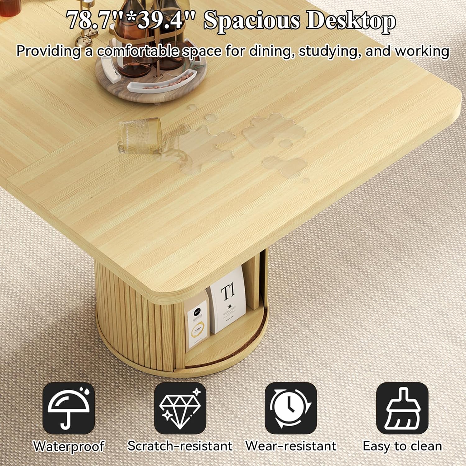 79" Rectangular Dining Table for 8-10, Wood Kitchen Table with 2-Layer Storage Shelf & Sturdy Base, Mid Century Modern Dinner Table with Wide Tabletop for Dining Room, Living Room