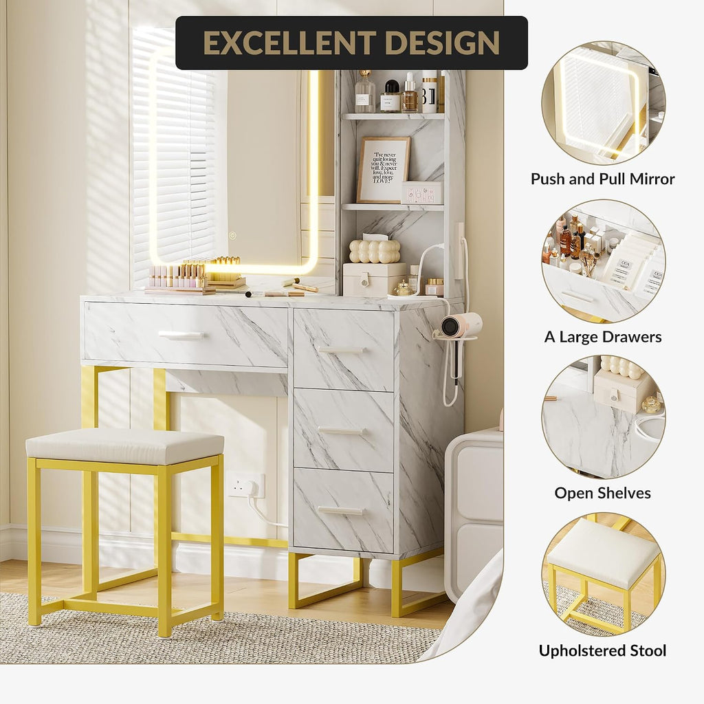 57'' Large Vanity Desk with Mirror & Lights, Makeup Vanity Table with Charging Station,