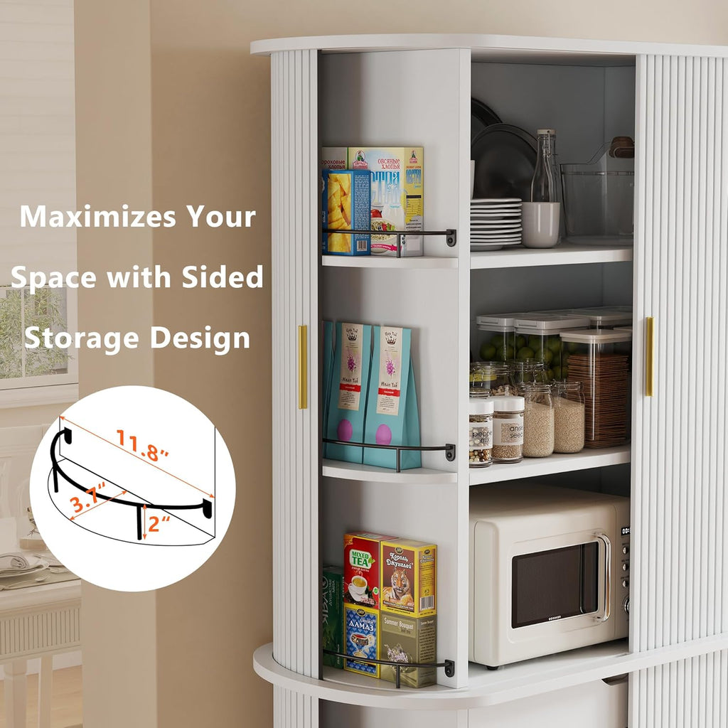 iPormis Kitchen Pantry with Sliding Doors, Tall Modern Curved Pantry Storage Cabinets with Drawer & Pull Out Shelves, 64-Inch Freestanding Wood Cupboard for Kitchen Dining Room Living Room, White