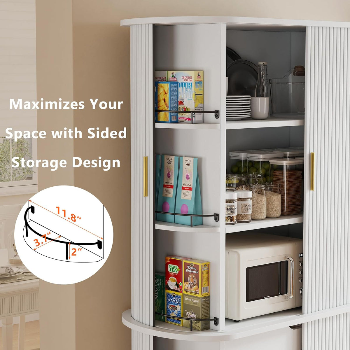 iPormis Kitchen Pantry with Sliding Doors, Tall Modern Curved Pantry Storage Cabinets with Drawer & Pull Out Shelves, 64-Inch Freestanding Wood Cupboard for Kitchen Dining Room Living Room, White
