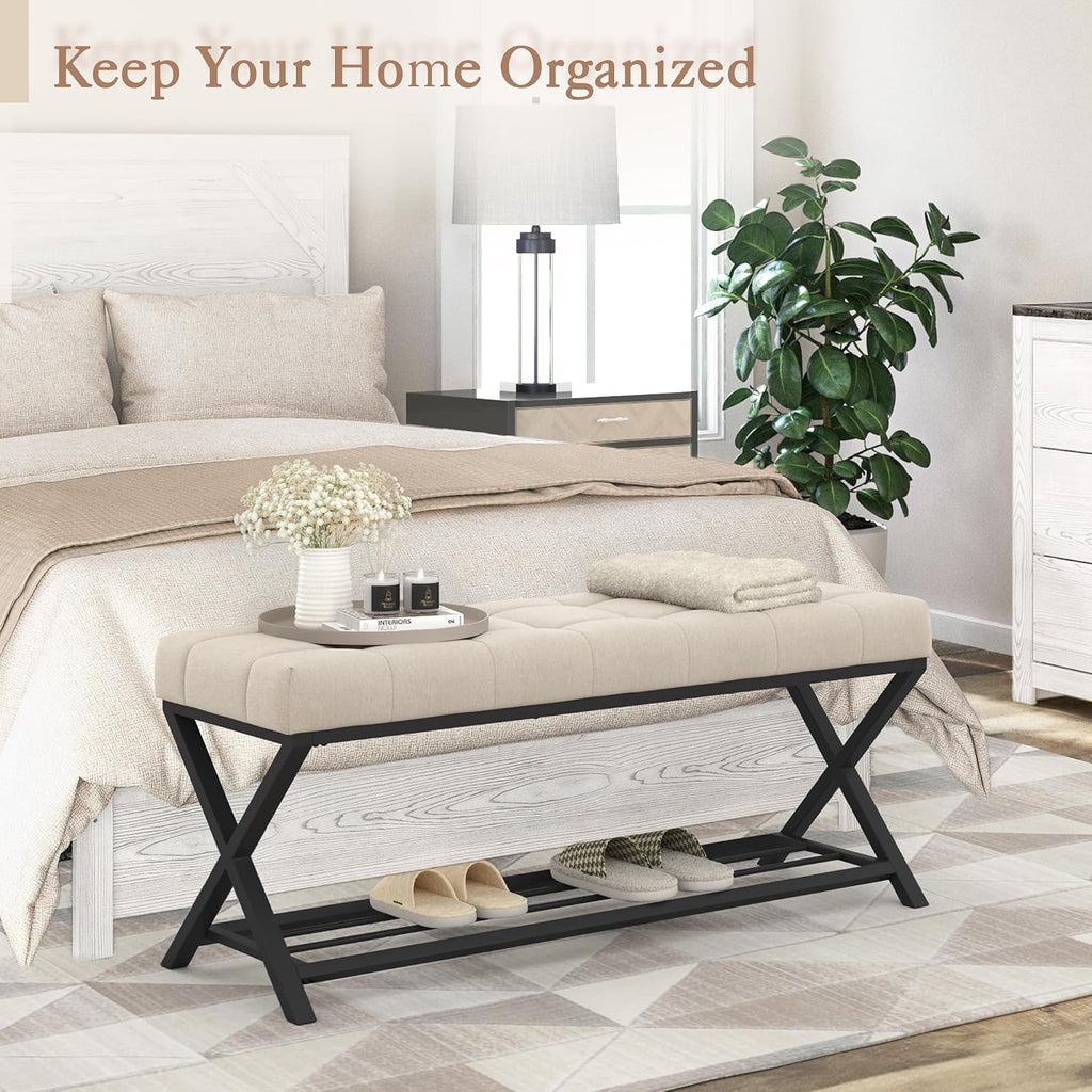 LUE BONA 44.5” End of Bed Bench with Shelf, Linen Tufted Upholstered Storage Shoe Bench, Modern Bedroom Bench with Metal Legs for Living Room, Entryway, Dining Room, 300 LB, Linen Color