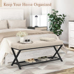 LUE BONA 44.5” End of Bed Bench with Shelf, Linen Tufted Upholstered Storage Shoe Bench, Modern Bedroom Bench with Metal Legs for Living Room, Entryway, Dining Room, 300 LB, Linen Color