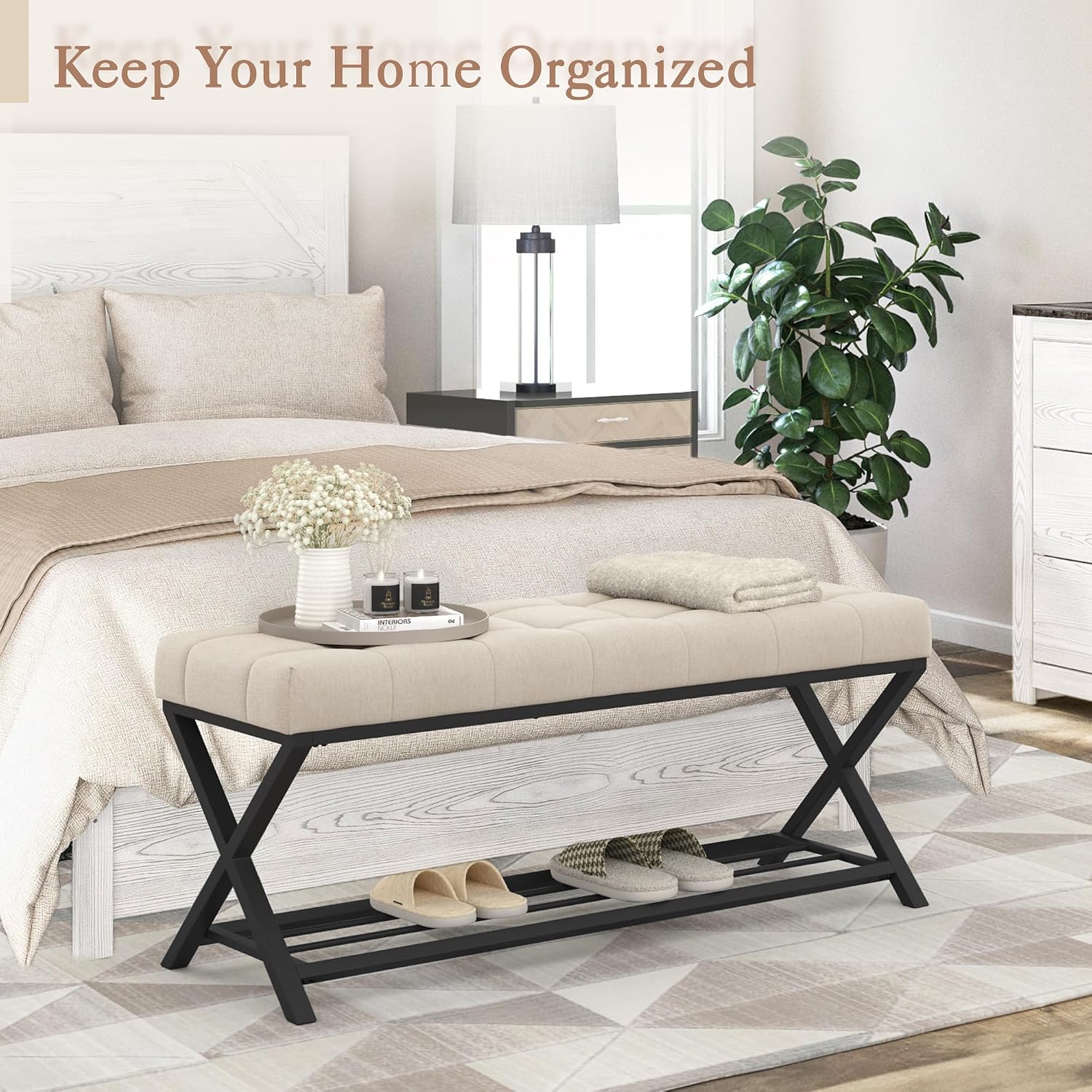 LUE BONA 44.5” End of Bed Bench with Shelf, Linen Tufted Upholstered Storage Shoe Bench, Modern Bedroom Bench with Metal Legs for Living Room, Entryway, Dining Room, 300 LB, Linen Color