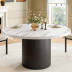47 Inch Round Dining Table for 4, Circle Kitchen Table with Wood Strip Base, Modern Farmhouse Dinner Tables for Kitchen, Living Room (Marble Texture)