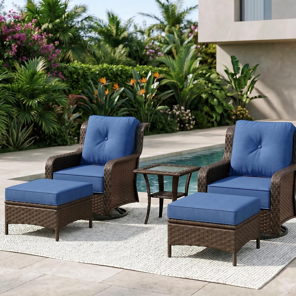 Sundale Outdoor Set of 2 Wicker Ottomans, 22.83" x 22.83" Outdoor Footrest with 4" Thick Large Cushions, All Weather Rattan Patio Ottoman for Footstool, Side Table (Blue)