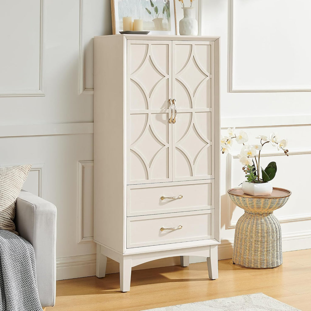 MERITLINE 53.5" Tall Kitchen Pantry Cabinet with Doors & Drawers, Mid Century Modern Sideboard Buffet Storage for Living Room, Entryway, Hallway & Garage (Antique White)