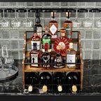 KLM 4-Tier Wood Display Shelf, Black Modern Bottle Organizer, Countertop Bar Stand for Liquor, Coffee Syrup, (Brown)