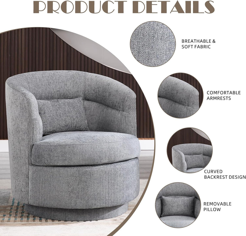 CANMOV Swivel Accent Chair, 360 Degree Round Swivel Barrel Chair with Pillow, Upholstered Comfy Barrel Armchair Single Club Sofa Chair for Living Room,Bedroom, Reading Room, Dark Grey