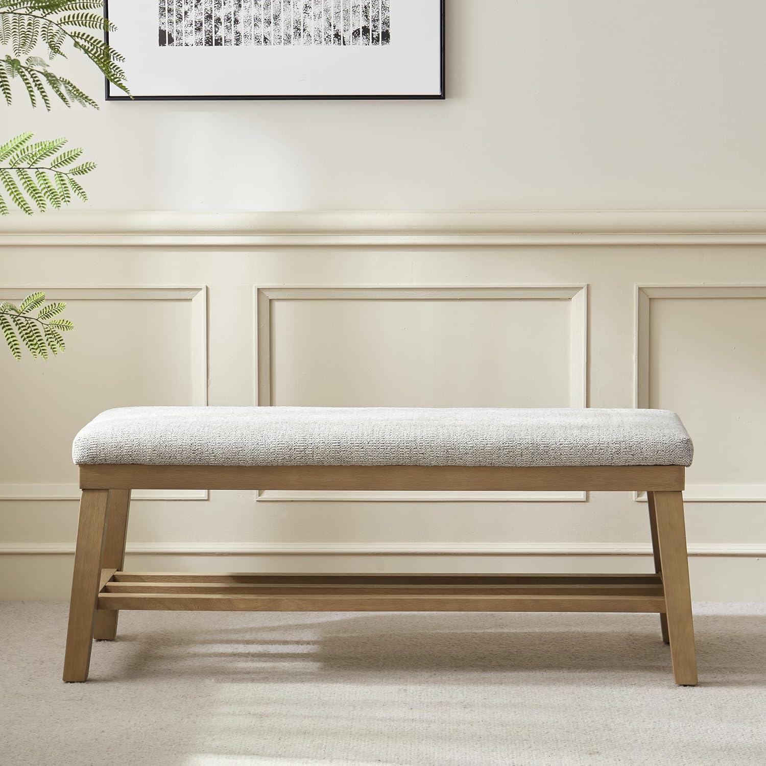 VKNOW Entryway Bench, 44.4" Upholstered Shoe Storage Bench for Entryway & Bedroom, Shoe Bench with Rubberwood Legs, Modern End of Bed Storage Bench for Living Room and Hallway, Beige