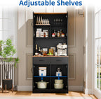 Cozy Castle Pantry Cabinet, Farmhouse Kitchen Hutch Cabinet with Storage Drawers Freestanding Coffee Bar Liquor Sideboard Large Countertop Cupboard for Dining Room, Living Room, 71'' Tall Black