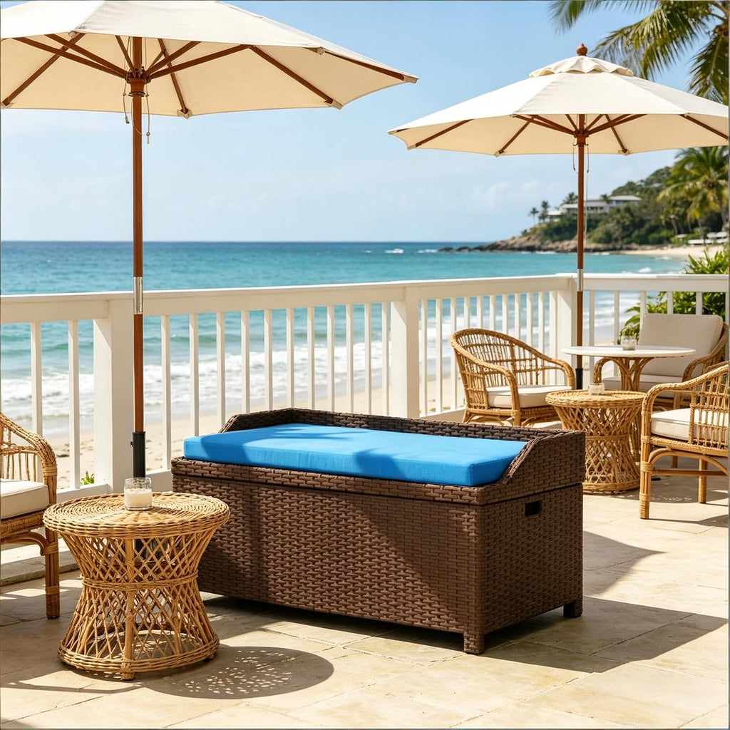 2-in-1 Outdoor Wicker Storage Bench with Cushion - 34 Gallon Patio Deck Box with Gas Struts - Weather-Resistant Aluminum Garden Bench for Porch, Pool & Backyard