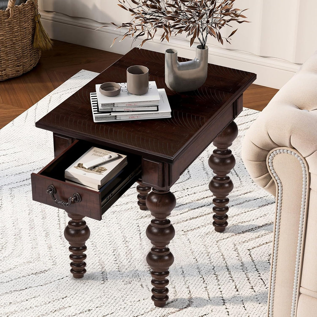 KEIKI Solid Rubber Wood Round Side End Table with Storage Drawer, Traditional Vintage Couch Sofa Bedside Table Night Stand for Living Room Bedroom, Easy Assembly, Espresso