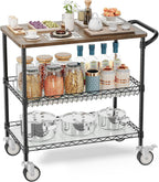 Rolling Kitchen Carts with Wheels, 3-Tier Utility Cart with Wood Tabletop
