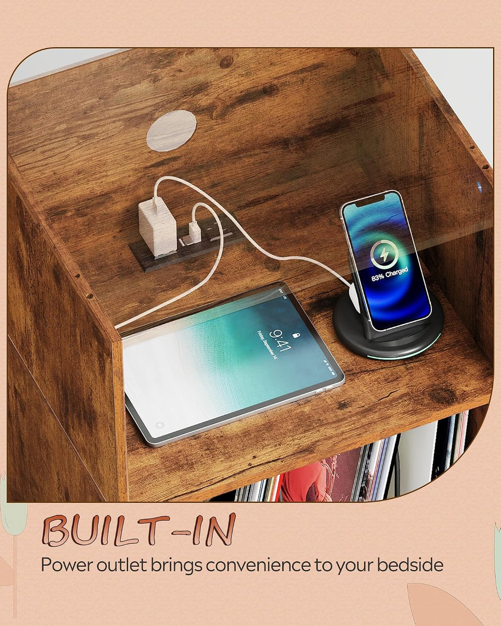 WLIVE Record Player Stand, Modern Nightstand with Storage, Small Space Bedside Table, End Table for Bedroom & Living Room, Mid Century Night Stand, Rustic Brown
