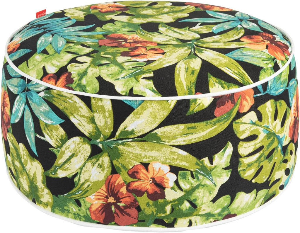 Outdoor/Indoor Inflatable Ottoman Pouf D20 xH9, All Weather Round Footstool with Handle, Water Repellent Portable Footrest for Patio Garden Camping Travel-Tropical Green Leaves