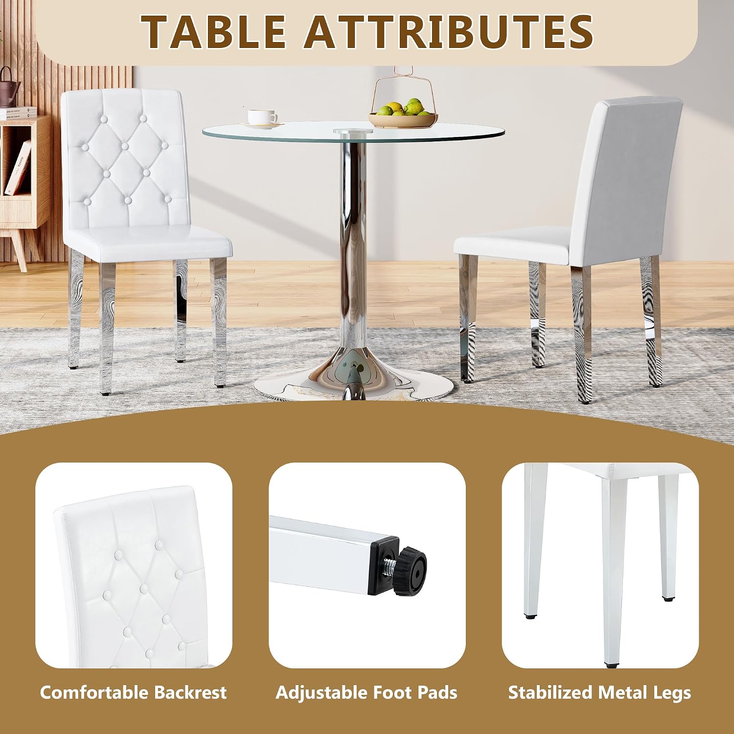 63" Dining Table Set for 6, White Faux Marble Dining Room Table and 6 PU Leather Chairs with Silver Metal Legs, Easy Assembly Kitchen Dining Set for Home, Apartment