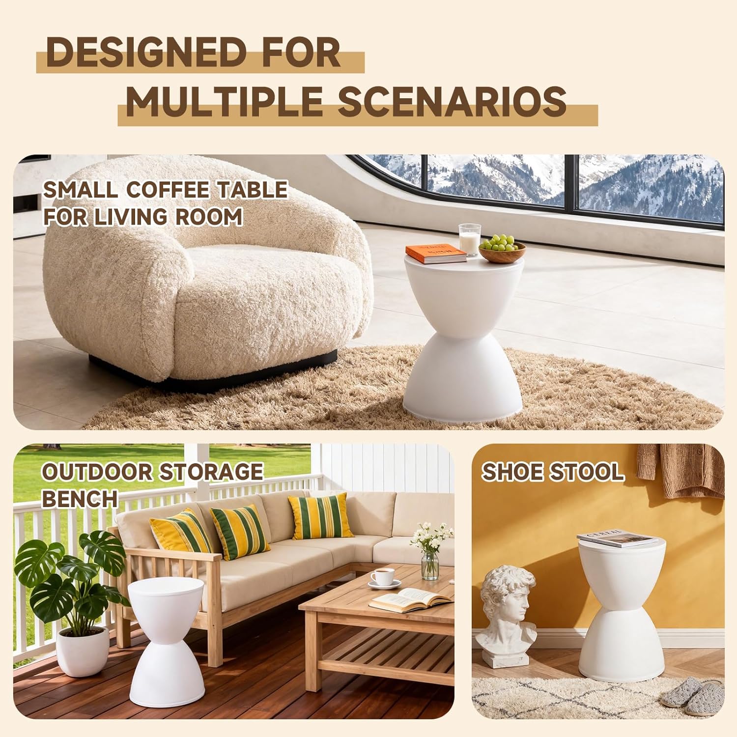 Hourglass Shaped Stool, Modern Round End Table Indoor/Outdoor Stool or End Table for Patio, Balcony, Poolside, Entryway, or Living Room 43x30cm (White)