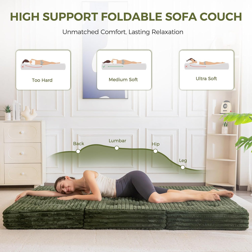 MAXYOYO Floor Sofa Couch, 6 Inch Tri-Fold Floor Sofa Bed, Folding Mattress with Handles, Soft Faux Fur Folding Bed with Supportive Foam Filling, Portable Couch for Living Room, Full, Dark Green
