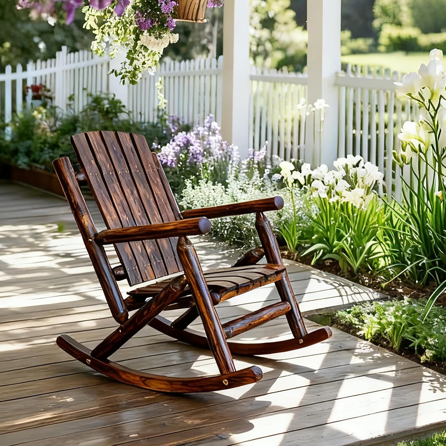 Rustic Log Wooden Rocking Chair, Handcrafted Solid Fir Wood Outdoor Rocker for Porch, Patio, Heavy-Duty 700 LBS, Weather-Resistant Finish, Natural Charm (Deep Brown)