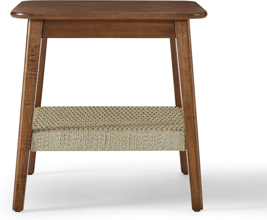 NewCosmos 23" Mid-Century Side Table with Woven Shelf, Boho Side Table with Storage, Bedside Tables, Small Side Table for Living Room Couch Bedroom Patio Home Office