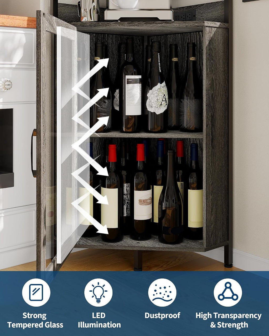 Garvee Corner Bar Cabinet with Power Outlet, Industrial Wine Cabinet with LED Strip and Glass Holder, 5-Tiers Liquor Cabinets Bar Unit for Home, Corner Display Cabinets for Small Space