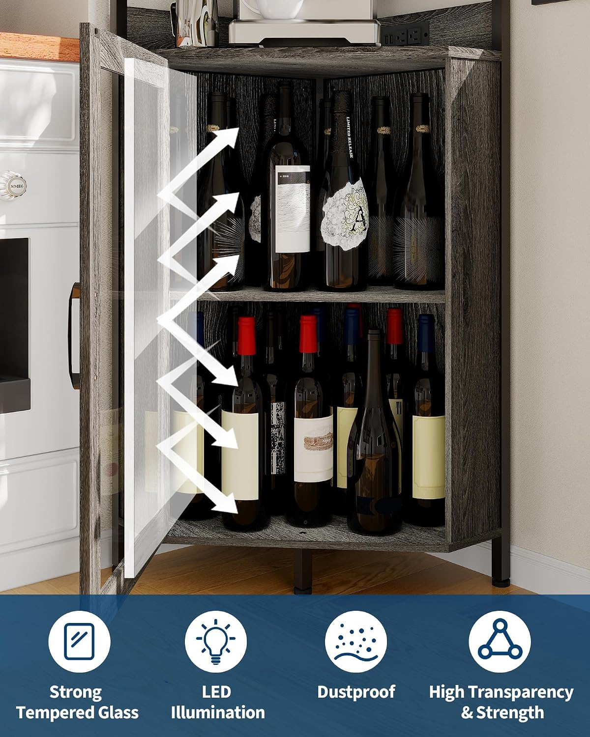 Garvee Corner Bar Cabinet with Power Outlet, Industrial Wine Cabinet with LED Strip and Glass Holder, 5-Tiers Liquor Cabinets Bar Unit for Home, Corner Display Cabinets for Small Space