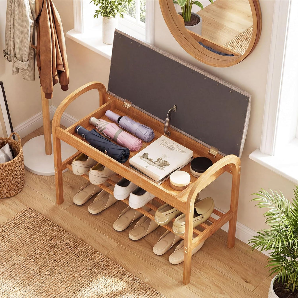 Giantex Shoe Bench with Flip-Top Storage, Bamboo 2-Tier Entryway Bench with Padded Cushion, Shoe Rack Bench for Hallway, Closet, Foyer, Living Room, Bedroom, Mudroom (with Flip-Top Storage)
