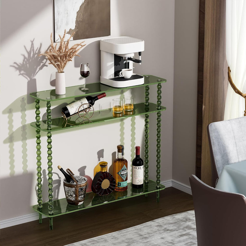 Acrylic Console Table Narrow, 3 Tier Long Entryway Table with Storage, Mid-Century Modern Sofa Table Entry Table for Living Room, Hallway (Green, 39.4“×9.4”×35.4“)