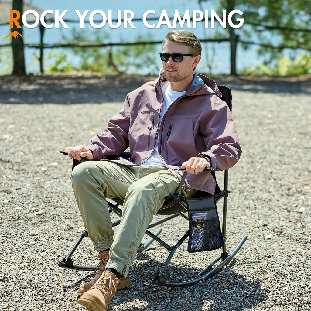 Portal Outdoor Rocking Chair Camping Folding Portable Rocker with Cup Holder Side Pocket Carry Bag, Support 350LBS (Black)