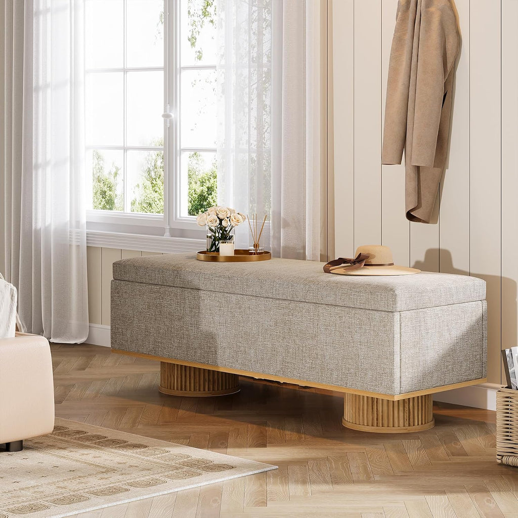 Tribesigns 50.39" Storage Bench with Padded Seat Cushion, Upholstered Shoe Bench with Flip Up Storage for Bedroom, Living Room, Entryway, Load up to 330 lb, Beige + Wood Color