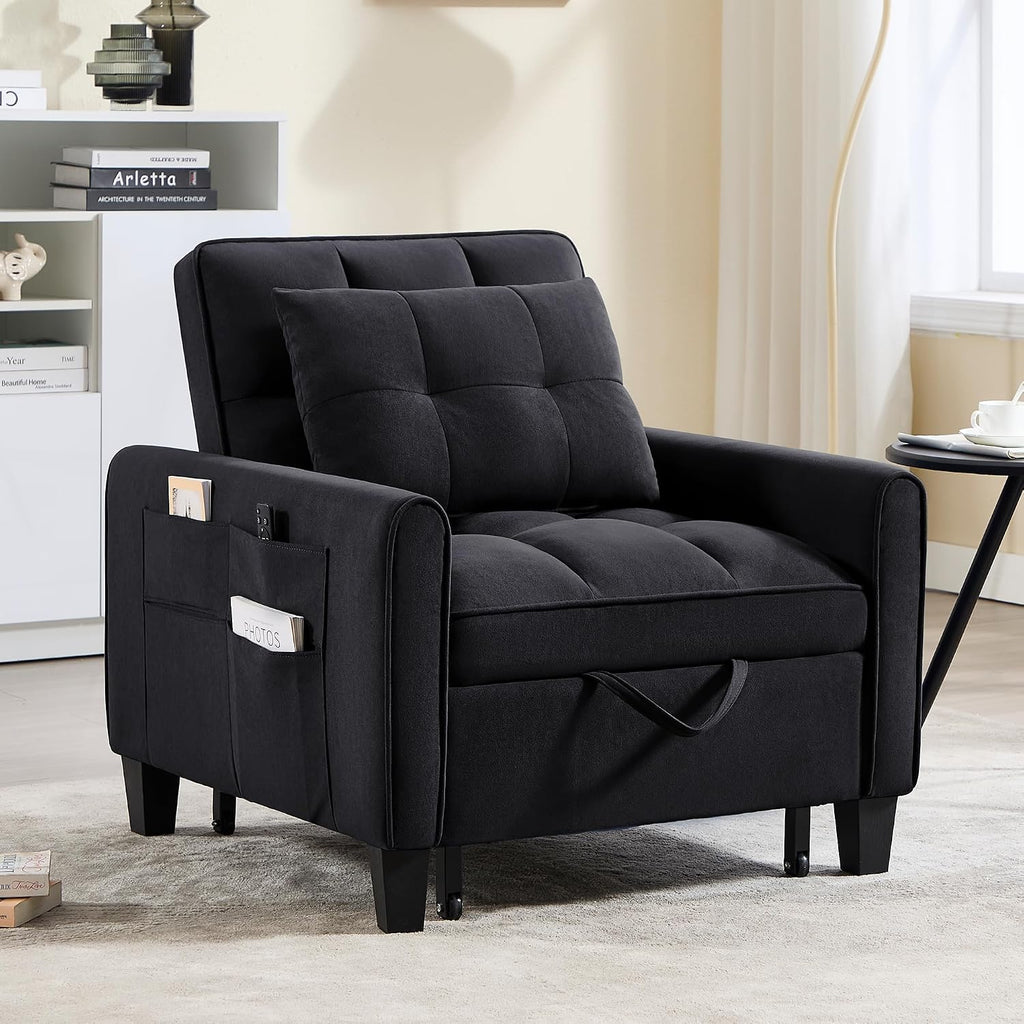 Convertible Sleeper Chair, 3 in 1 Sleeper Chair Bed Pull Out Sofa Bed Chairs, Single Sofa with Adjustable Backrest for Adults Reading Living Room, Bedroom, Velvet Black