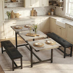 IDEALHOUSE 63" 3 Piece Extendable Dining Table Set for 4-6, Rectangle Wooden Kitchen Table with 2 Soft Benches Set for 6, Sturdy Metal Frame, Dinette Table Set for Apartment, Kitchen, Rustic Gray