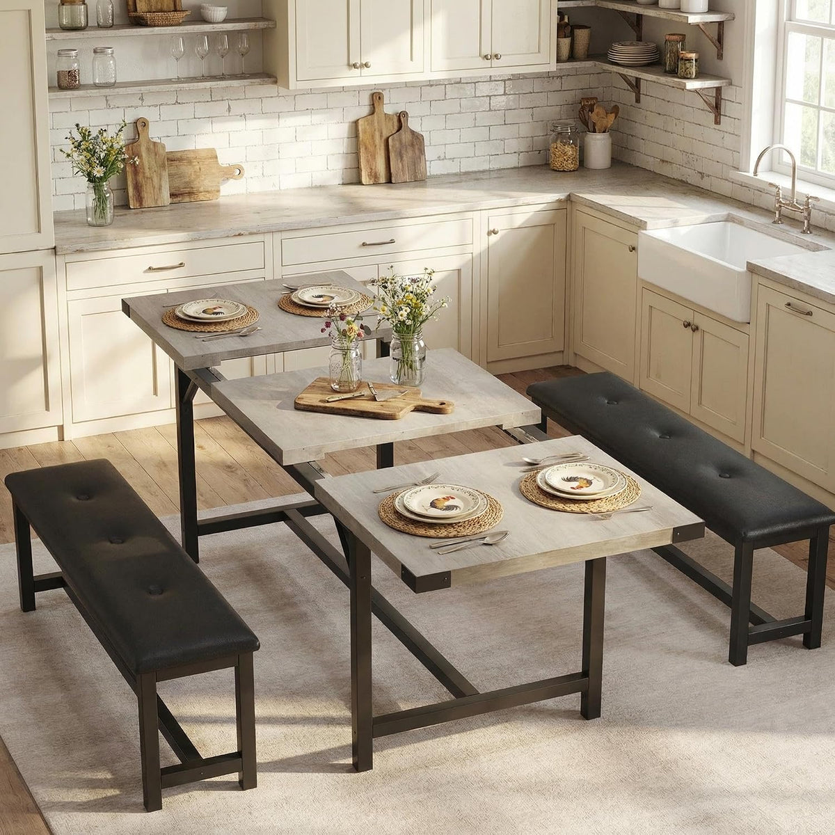 IDEALHOUSE 63" 3 Piece Extendable Dining Table Set for 4-6, Rectangle Wooden Kitchen Table with 2 Soft Benches Set for 6, Sturdy Metal Frame, Dinette Table Set for Apartment, Kitchen, Rustic Gray