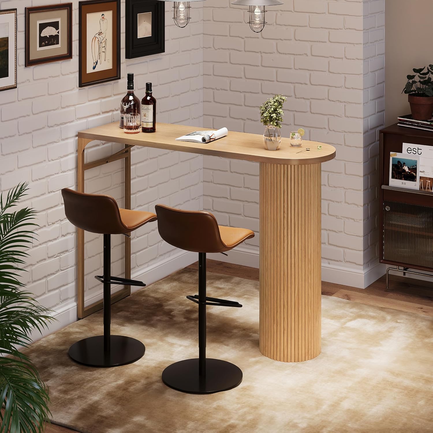 55" Long Bar Table, Fluted Wood Counter Height Pub Table, High Top Kitchen Breakfast Bar Tables with Sturdy Metal Frame, Modern Bar Height Dining Table for Bistro, Dining Room, Living Room
