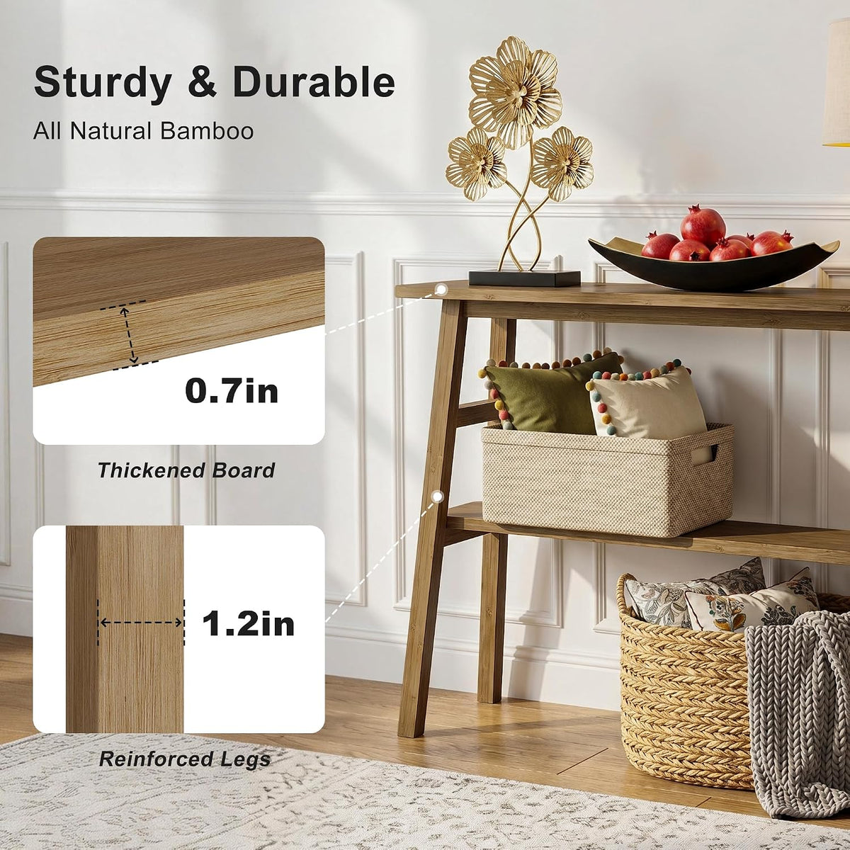 39.4" Solid Bamboo Entryway Console Table, Sofa Table Behind Couch, Narrow Bamboo Wood Entry Hallway Table with Storage Shelves for Living Room, Modern, Easy Assembly, Brown