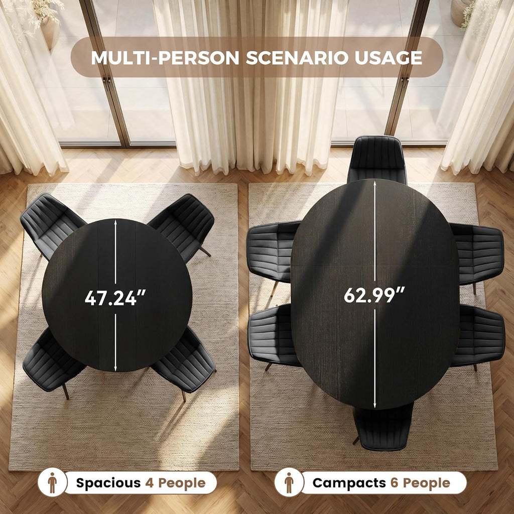 Miereirl Extendable Dining Table Set for 4-6, 47.24"-63" Round to Oval Dining Table Set with Upholstered Chairs, Hidden Storage Shelf, Kitchen & Dining Room Furniture for Apartment