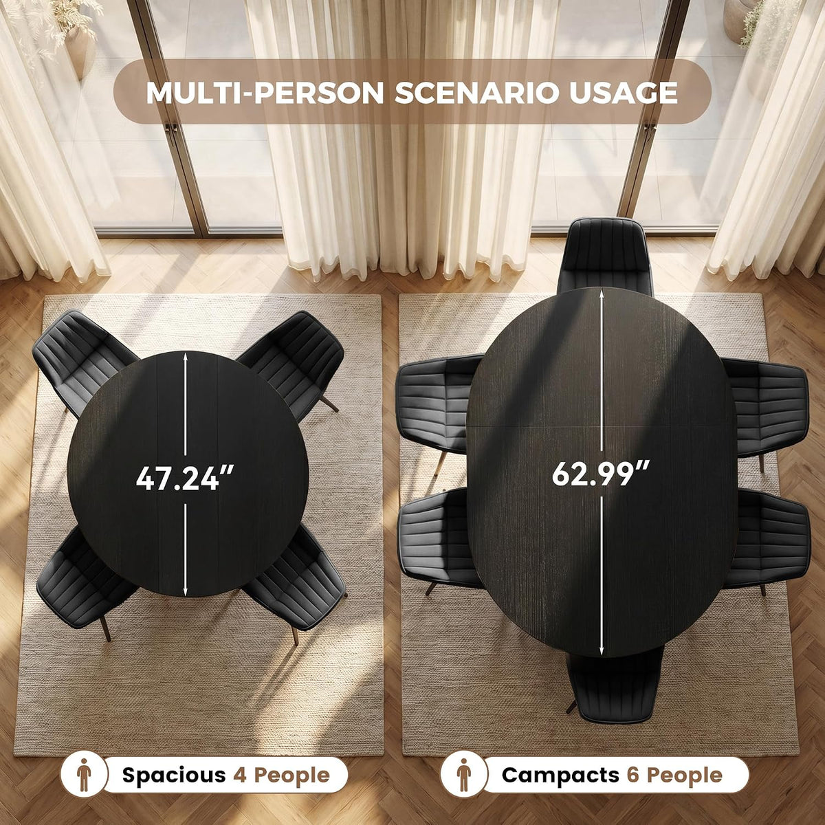 Miereirl Extendable Dining Table Set for 4-6, 47.24"-63" Round to Oval Dining Table Set with Upholstered Chairs, Hidden Storage Shelf, Kitchen & Dining Room Furniture for Apartment