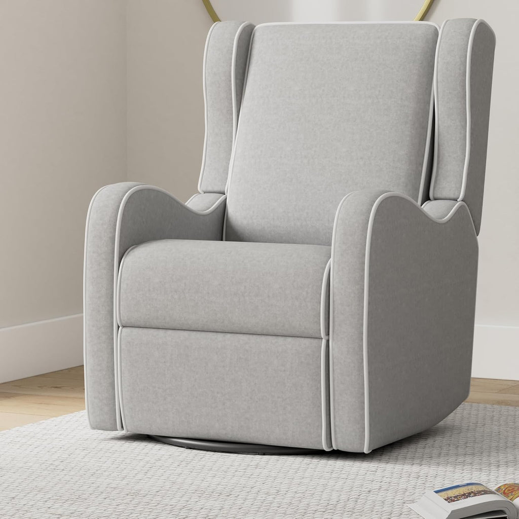 Angel Line Rebecca Upholstered Swivel Gliding Recliner, Gray Linen with White Piping