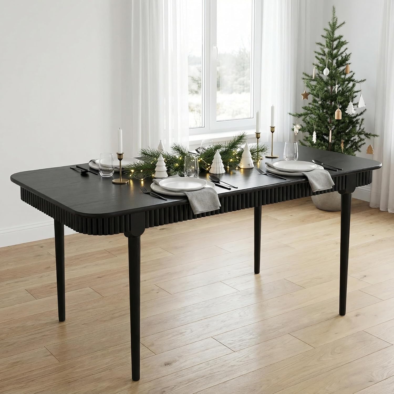 LukeAlon 63-inch Solid Wood Dining Table for 4-6, Mid-Century Modern Kitchen Table, Farmhouse Dining Table for Kitchen, Dining Room, Living Room, Large Tabletop, Black