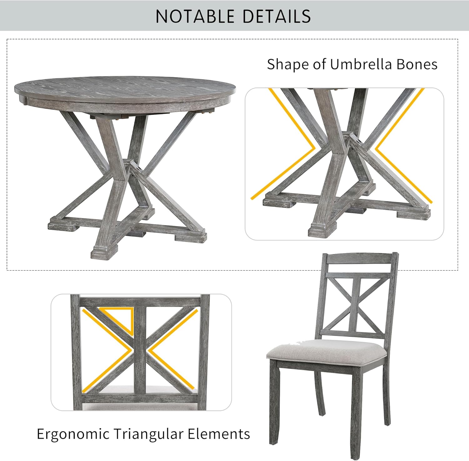 Merax Extendable Round Dining Table Set for 4, Farmhouse Kitchen Table Set with 4 Upholstered Chairs for Kitchen, Dining Room, Living Room, Grey