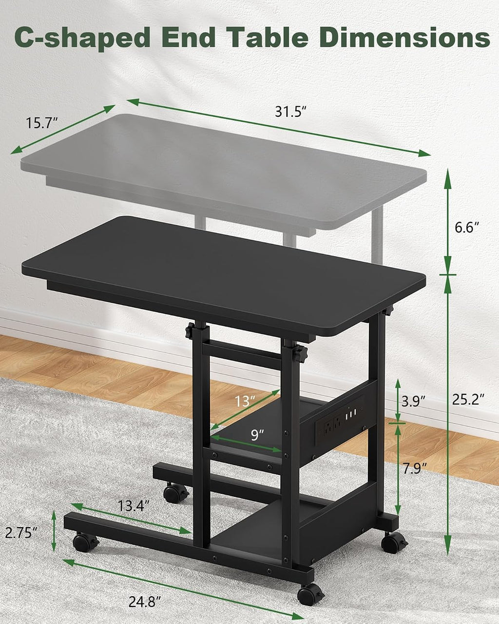 Armocity C Shaped End Table Height Adjustable - Couch Side Table with Charging Station, TV Tray with Wheels Slide Under Sofa for Small Spaces, Living Room Bedroom, Black